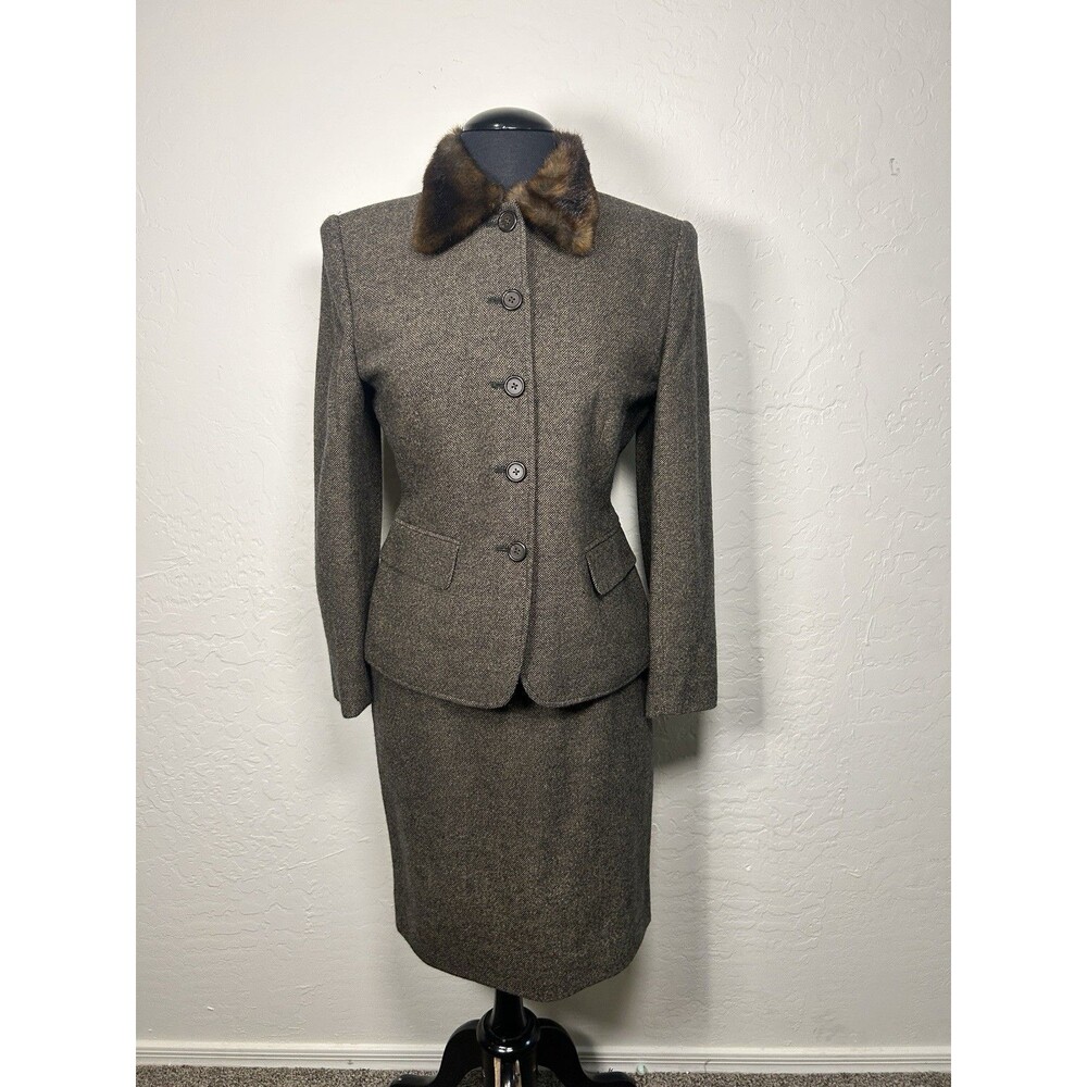 Ralph Lauren Vintage Skirt Suit Two Piece Skirt Set Lambs Wool Faux Fur Collar